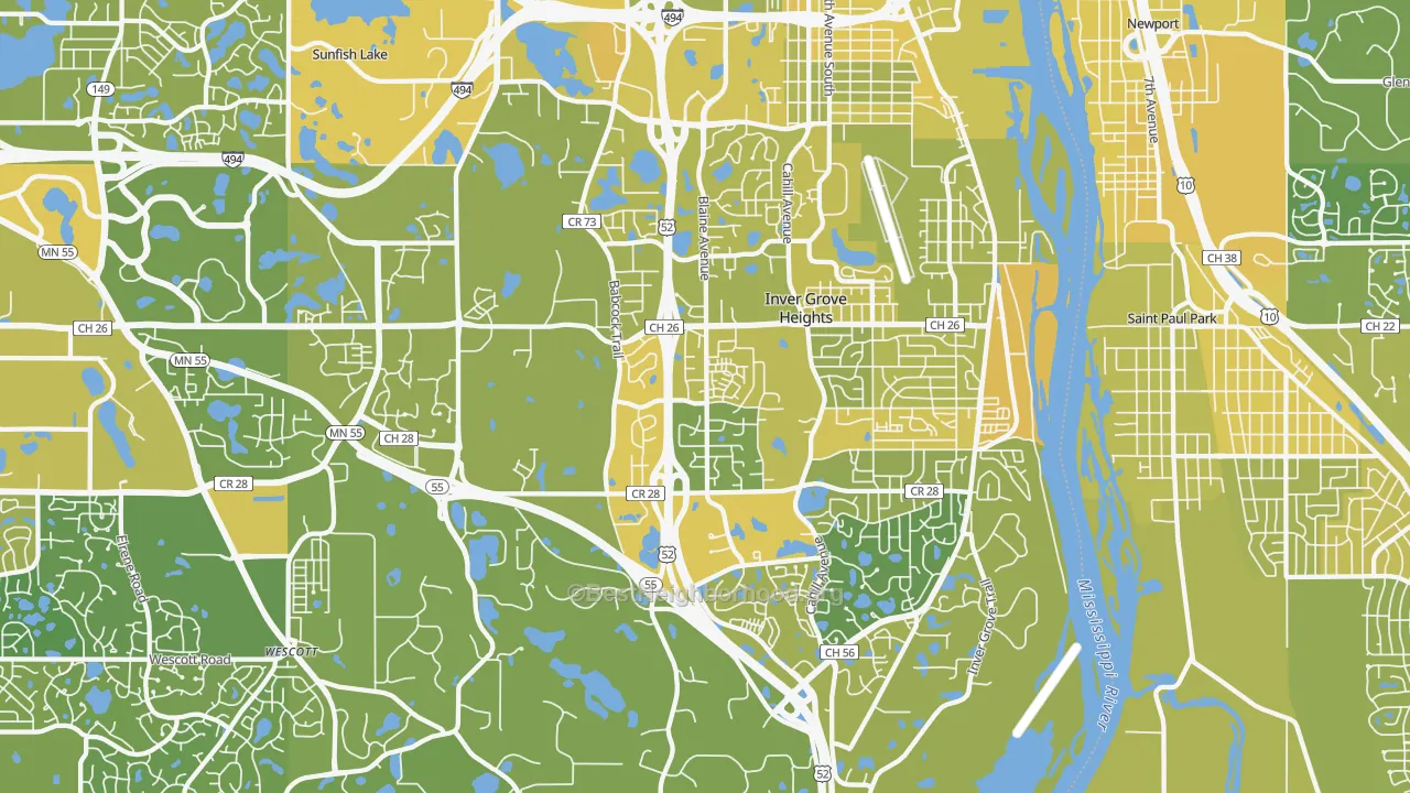 Map of the best neighborhoods in the Inver Grove Heights area, with better matches in green and worse matches in red