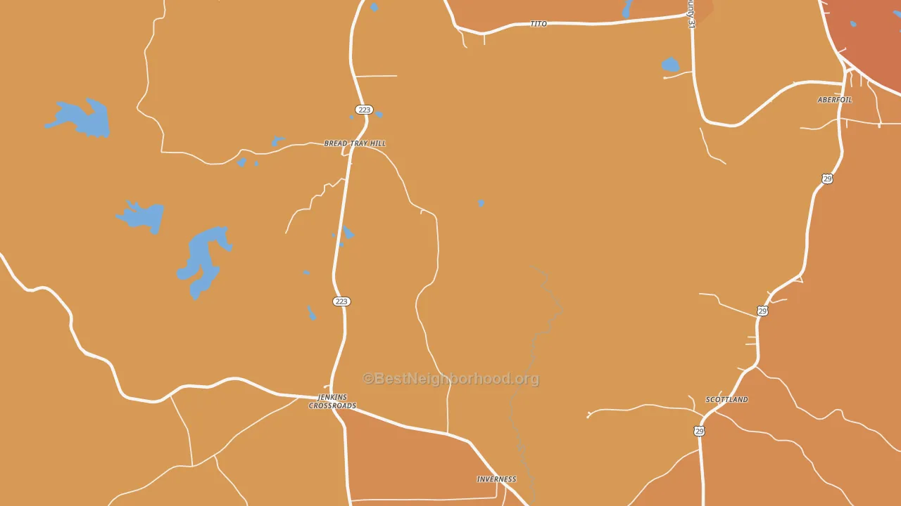 Map of the best neighborhoods in the Inverness area, with better matches in green and worse matches in red