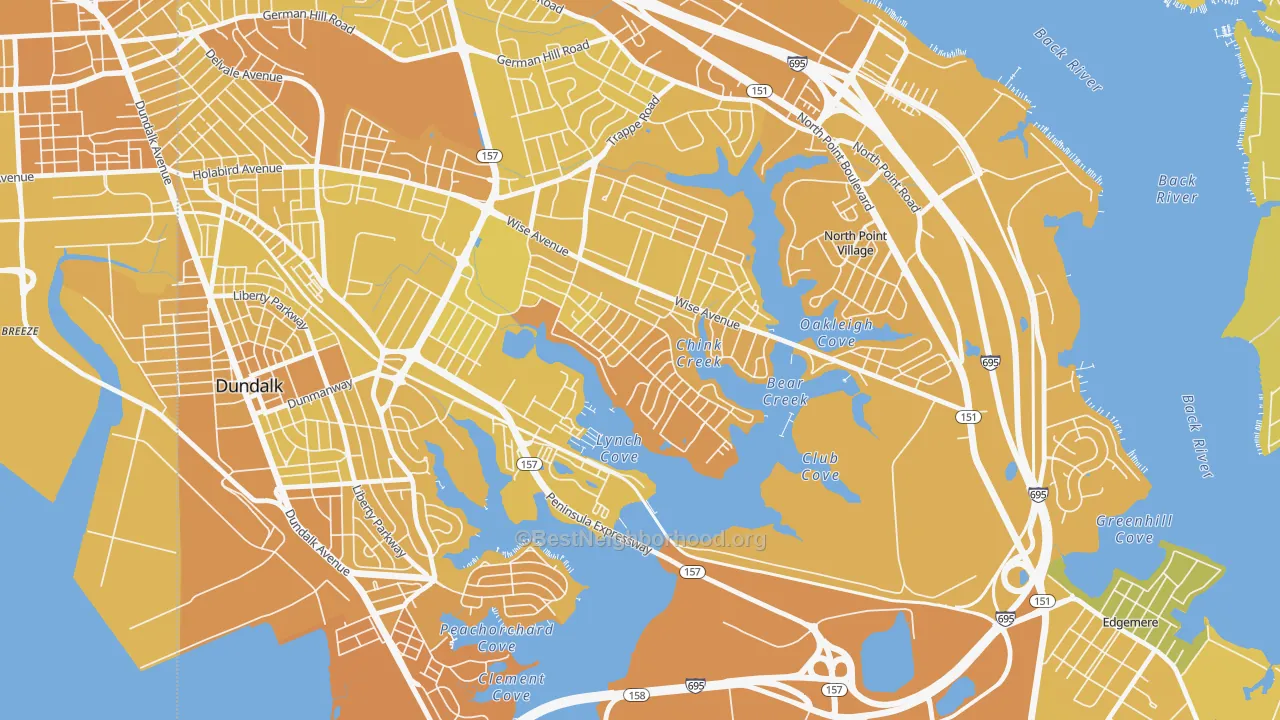 Map of the best neighborhoods in the Inverness, Dundalk area, with better matches in green and worse matches in red