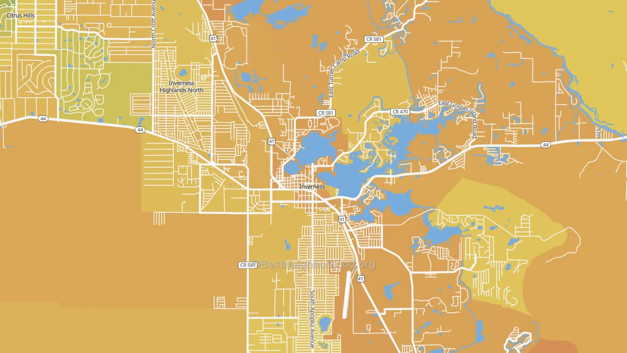 Map of the best neighborhoods in the Inverness area, with better matches in green and worse matches in red