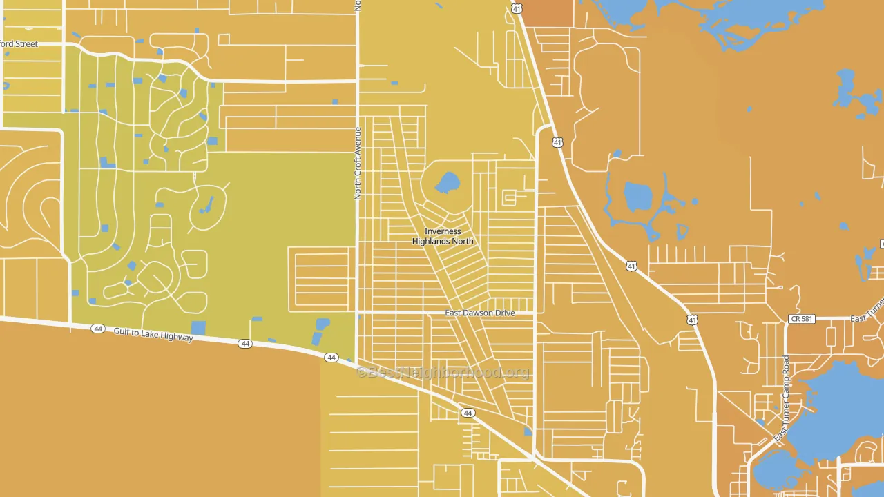 Map of the best neighborhoods in the Inverness Highlands North area, with better matches in green and worse matches in red