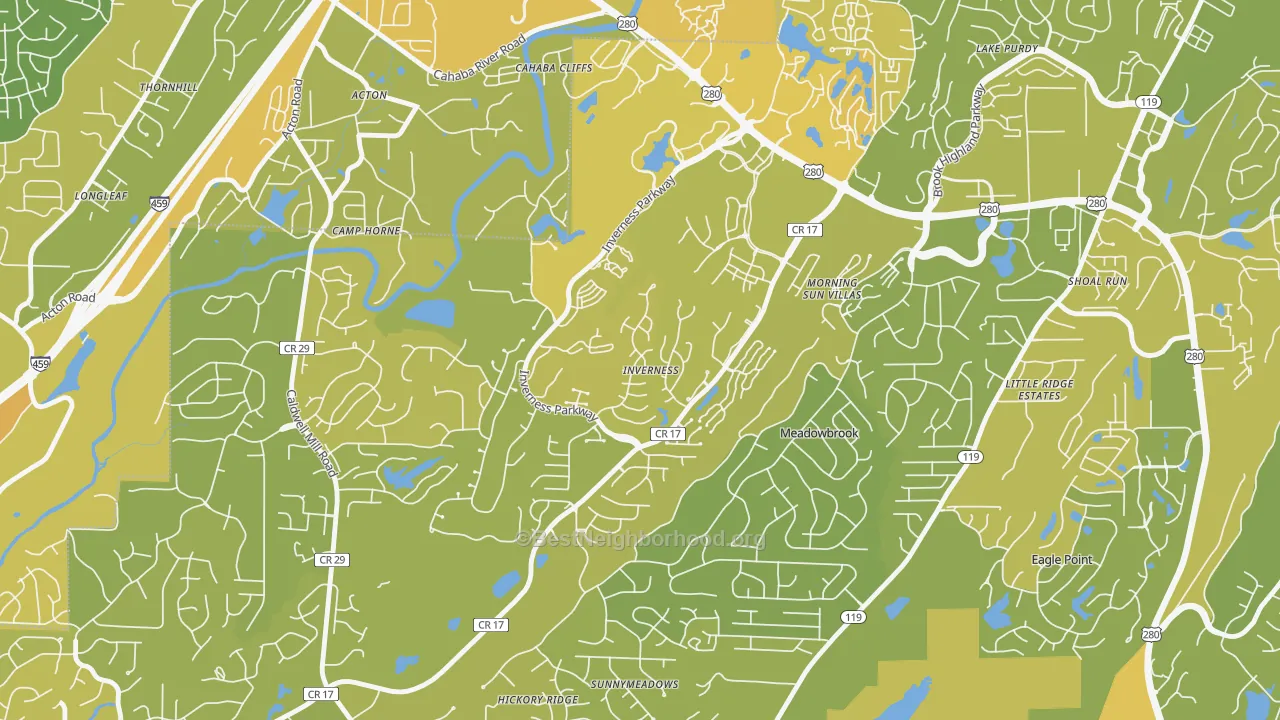 Map of the best neighborhoods in the Inverness, Hoover area, with better matches in green and worse matches in red