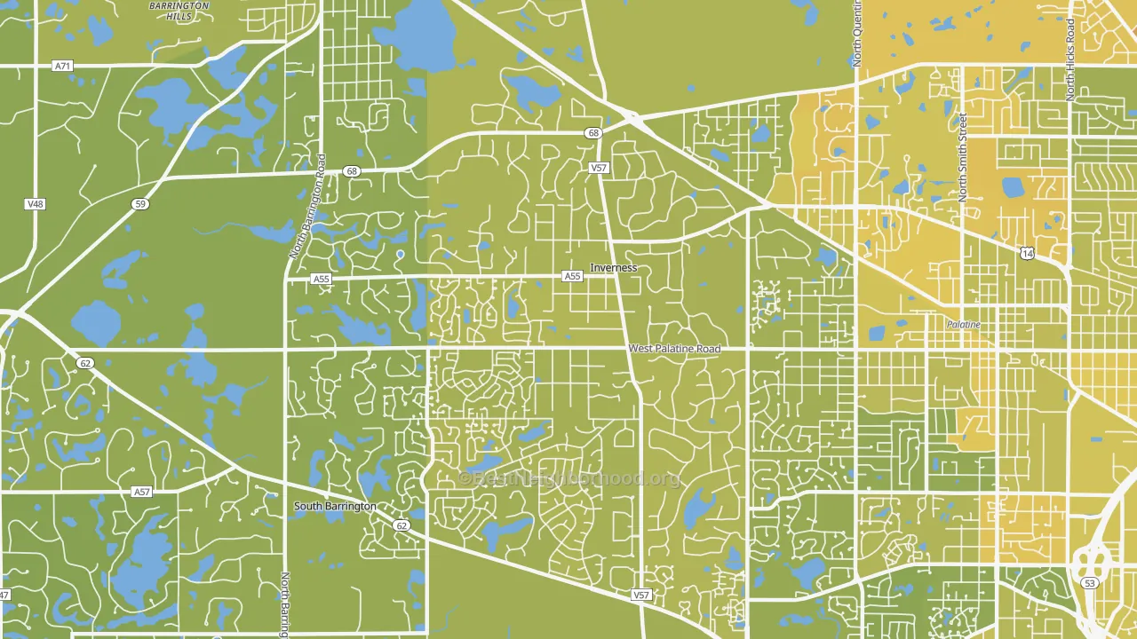 Map of the best neighborhoods in the Inverness area, with better matches in green and worse matches in red
