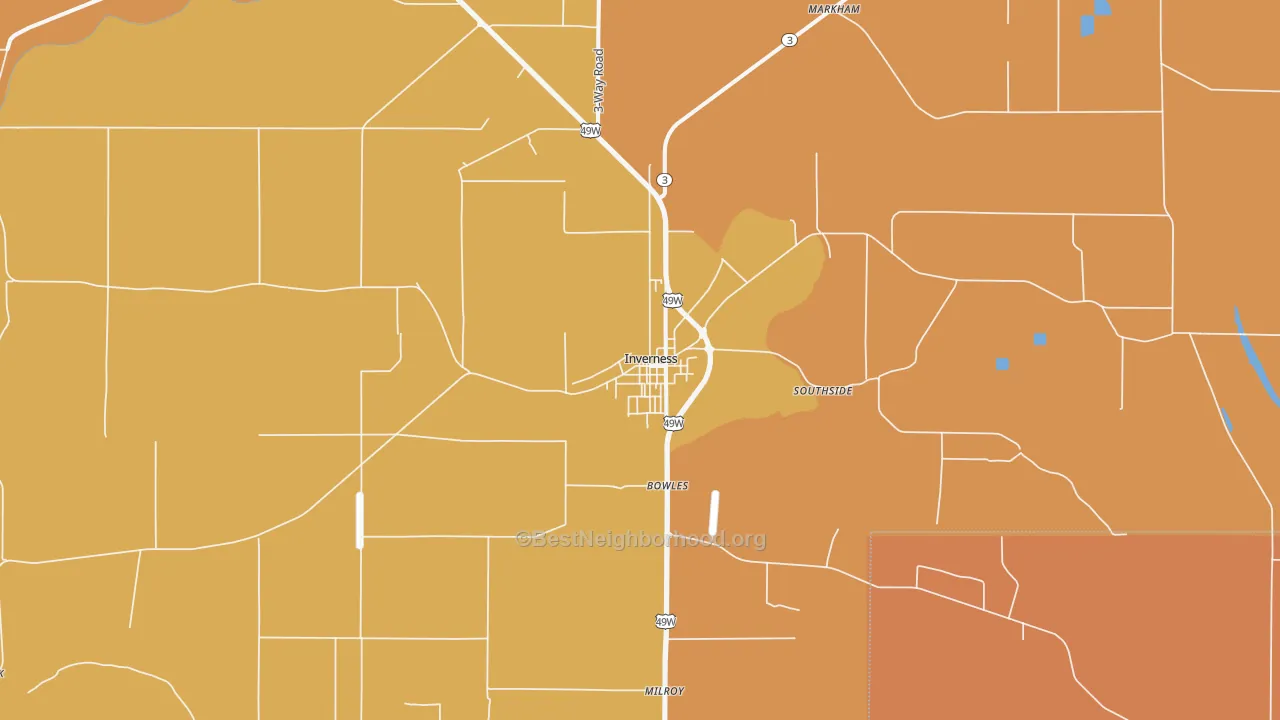 Map of the best neighborhoods in the Inverness area, with better matches in green and worse matches in red