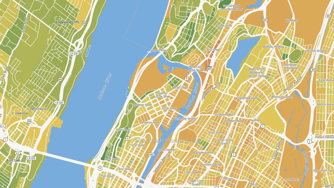 Map of the best neighborhoods in the Inwood, Manhattan area, with better matches in green and worse matches in red