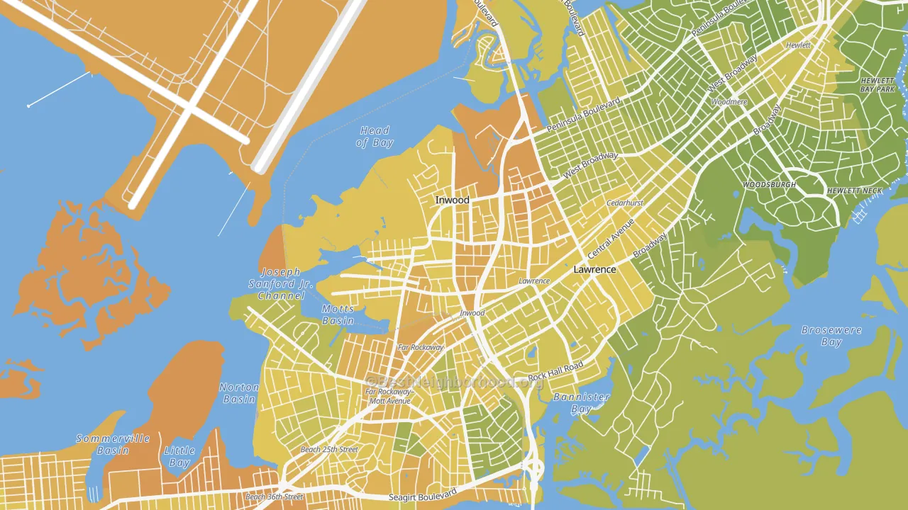 Map of the best neighborhoods in the Inwood area, with better matches in green and worse matches in red