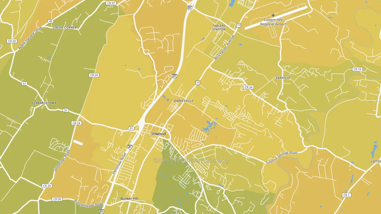 Map of the best neighborhoods in the Inwood area, with better matches in green and worse matches in red