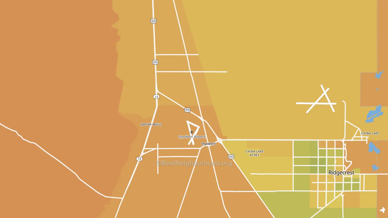 Map of the best neighborhoods in the Inyokern area, with better matches in green and worse matches in red
