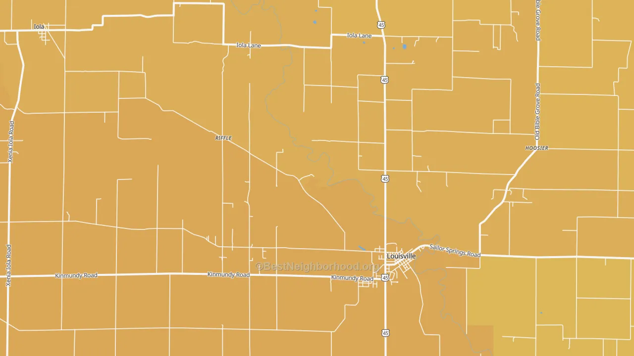 Map of the best neighborhoods in the Iola area, with better matches in green and worse matches in red