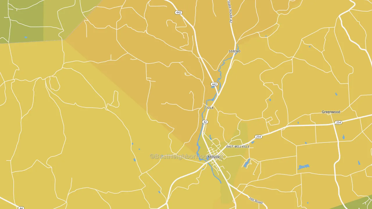 Map of the best neighborhoods in the Iola area, with better matches in green and worse matches in red