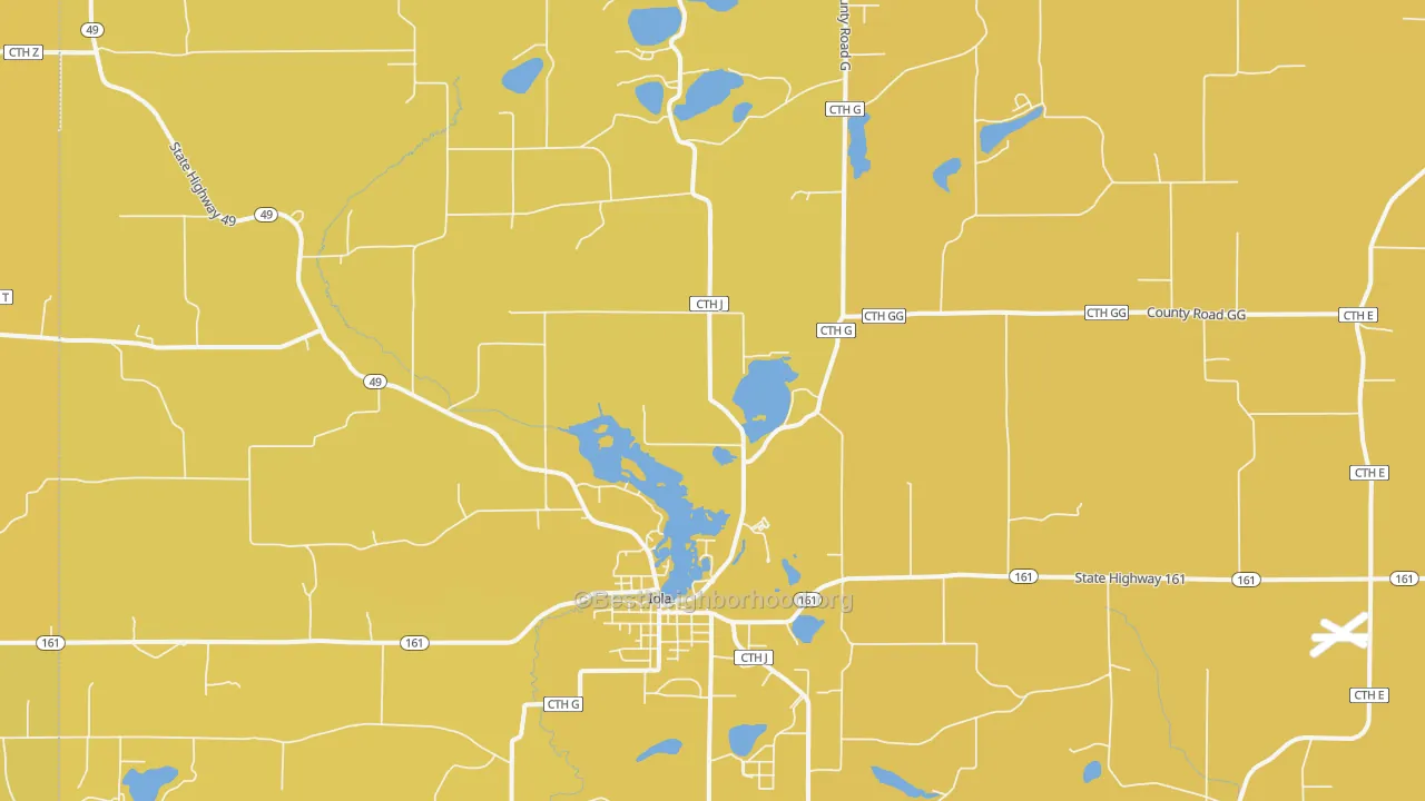 Map of the best neighborhoods in the Iola area, with better matches in green and worse matches in red