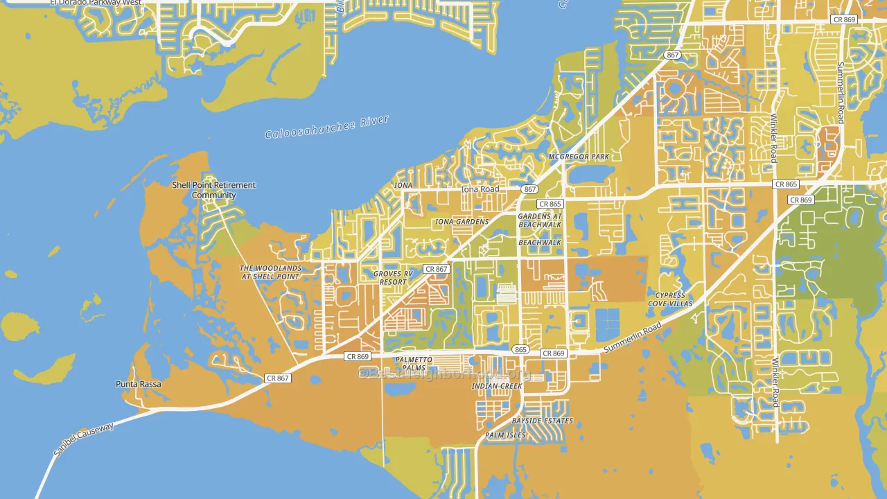 Map of the best neighborhoods in the Iona area, with better matches in green and worse matches in red
