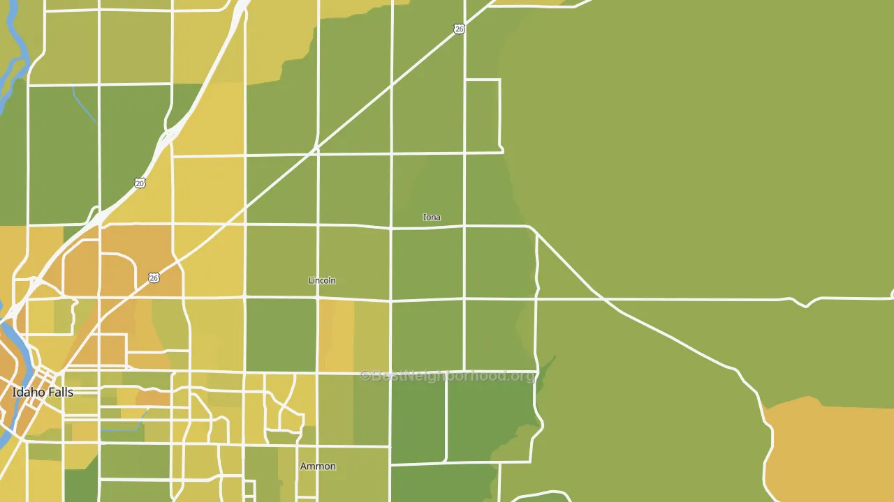 Map of the best neighborhoods in the Iona area, with better matches in green and worse matches in red