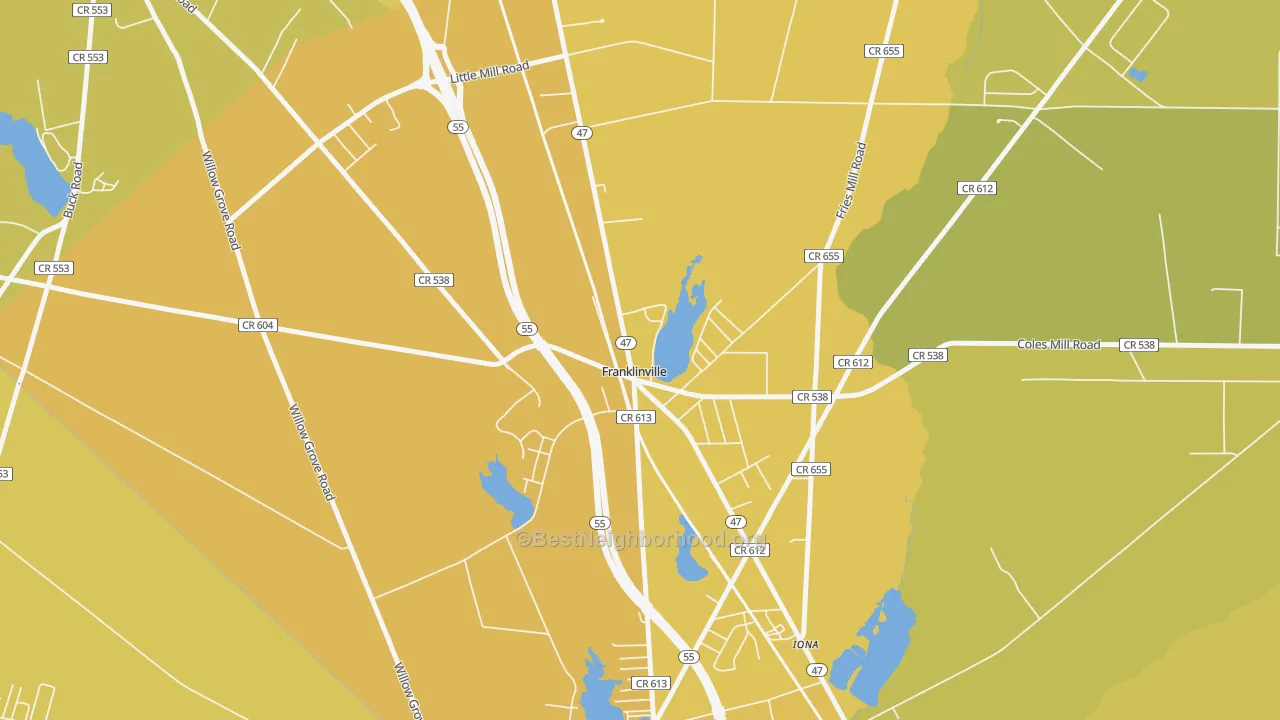 Map of the best neighborhoods in the Iona area, with better matches in green and worse matches in red