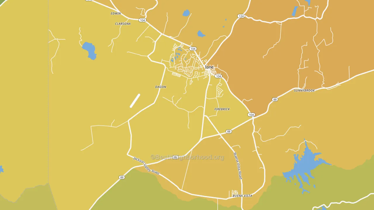 Map of the best neighborhoods in the Ione area, with better matches in green and worse matches in red