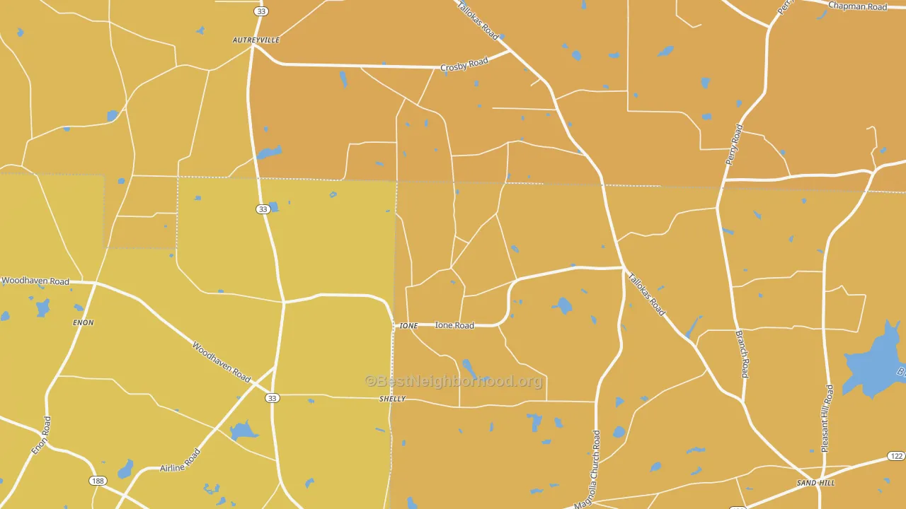 Map of the best neighborhoods in the Ione area, with better matches in green and worse matches in red