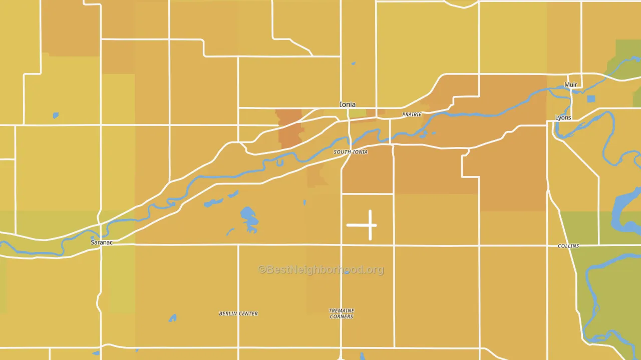 Map of the best neighborhoods in the Ionia County area, with better matches in green and worse matches in red