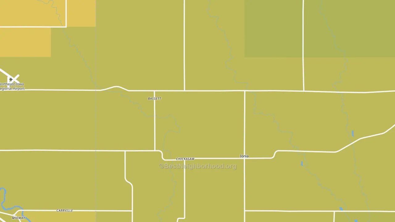 Map of the best neighborhoods in the Ionia area, with better matches in green and worse matches in red