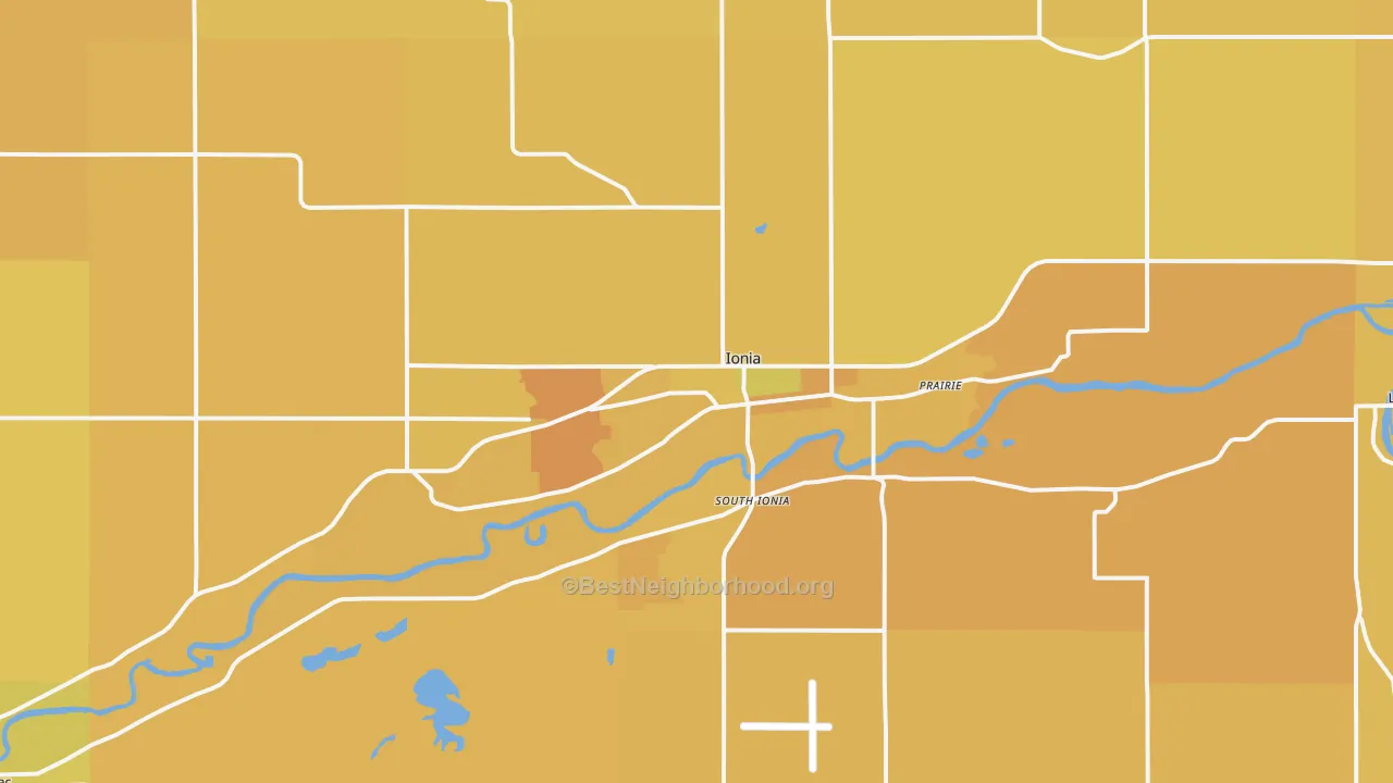Map of the best neighborhoods in the Ionia area, with better matches in green and worse matches in red