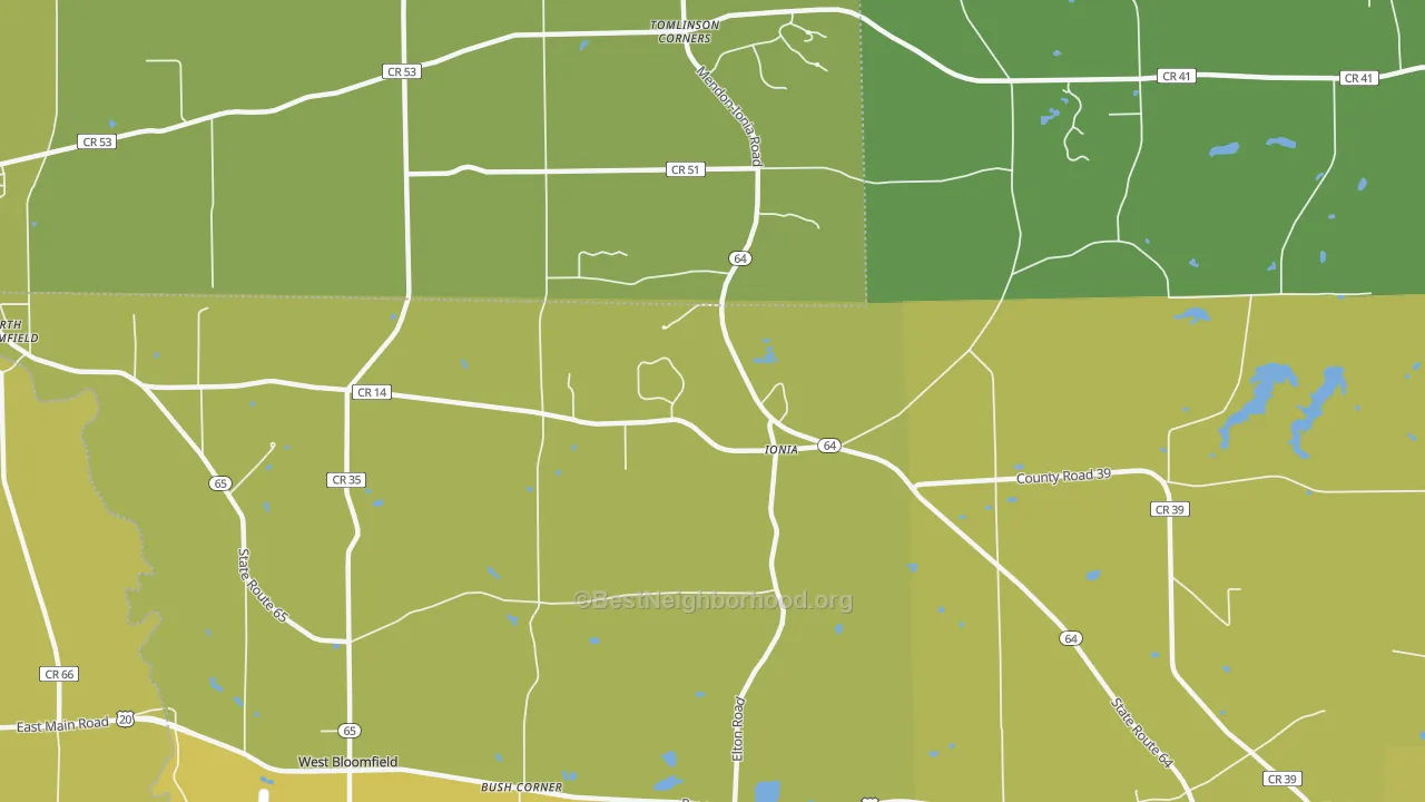 Map of the best neighborhoods in the Ionia area, with better matches in green and worse matches in red