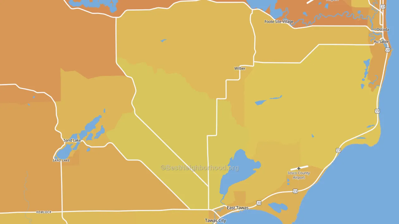 Map of the best neighborhoods in the Iosco County area, with better matches in green and worse matches in red