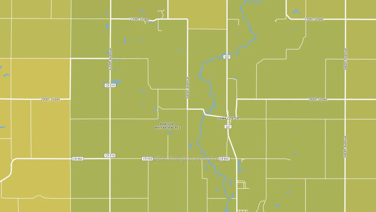 Map of the best neighborhoods in the Iowa Center area, with better matches in green and worse matches in red