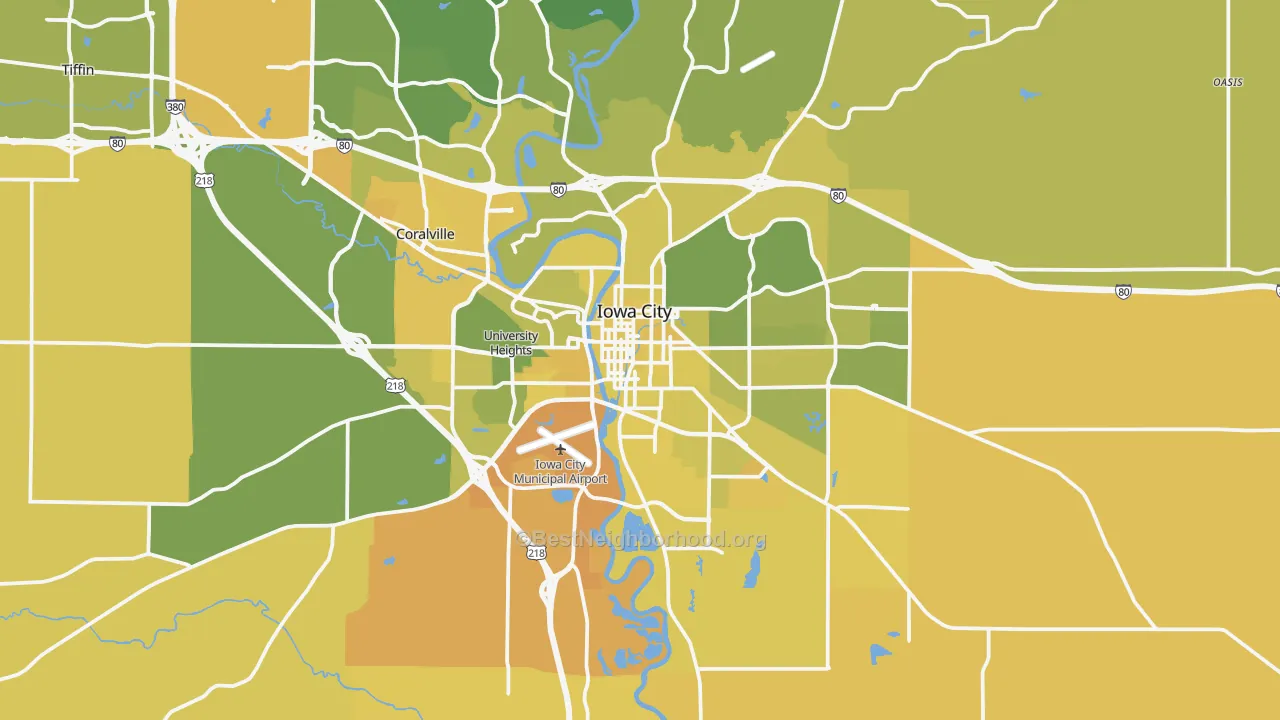 Map of the best neighborhoods in the Iowa City Metro area, with better matches in green and worse matches in red