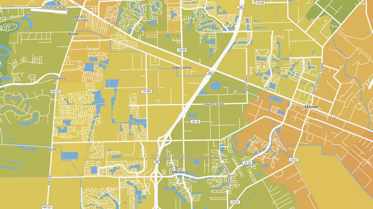 Map of the best neighborhoods in the Iowa Colony area, with better matches in green and worse matches in red