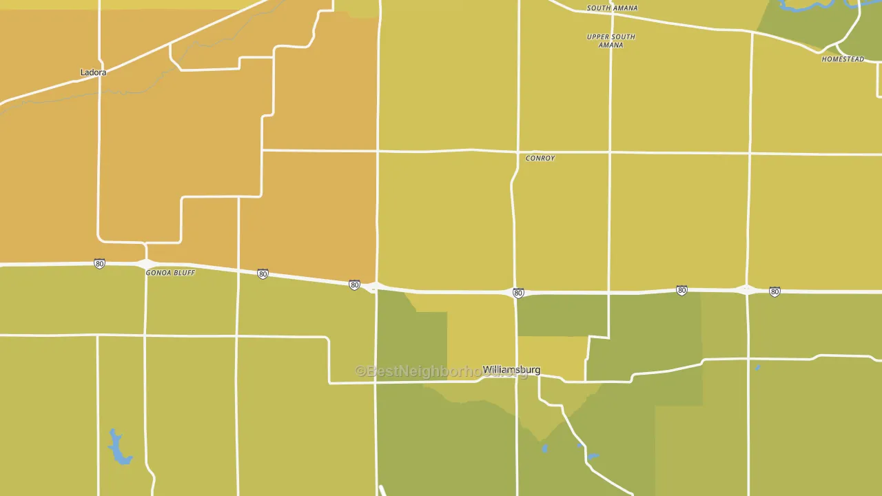 Map of the best neighborhoods in the Iowa County area, with better matches in green and worse matches in red