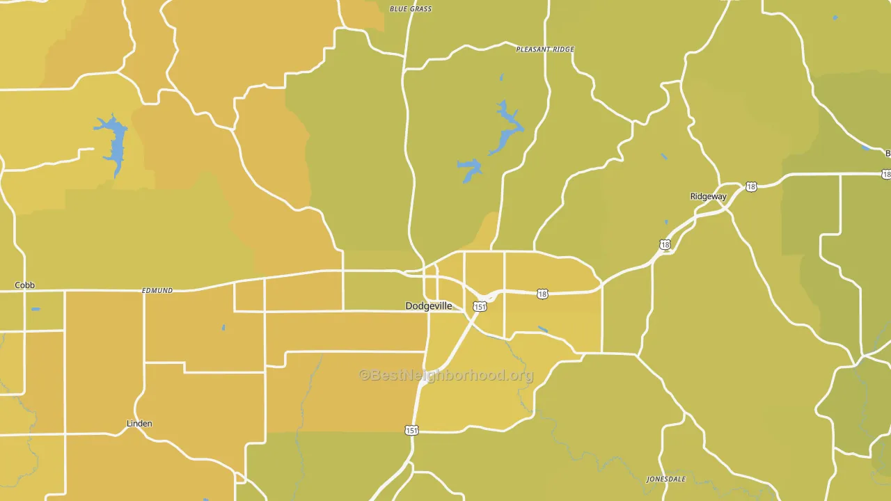 Map of the best neighborhoods in the Iowa County area, with better matches in green and worse matches in red