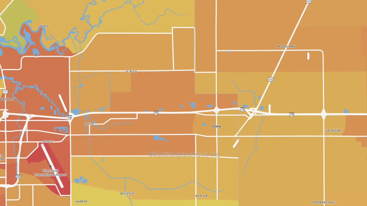 Map of the best neighborhoods in the Iowa area, with better matches in green and worse matches in red