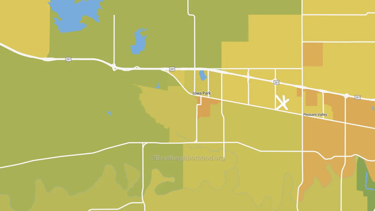 Map of the best neighborhoods in the Iowa Park area, with better matches in green and worse matches in red