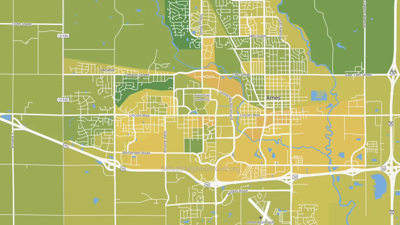 Map of the best neighborhoods in the Iowa State University, Ames area, with better matches in green and worse matches in red