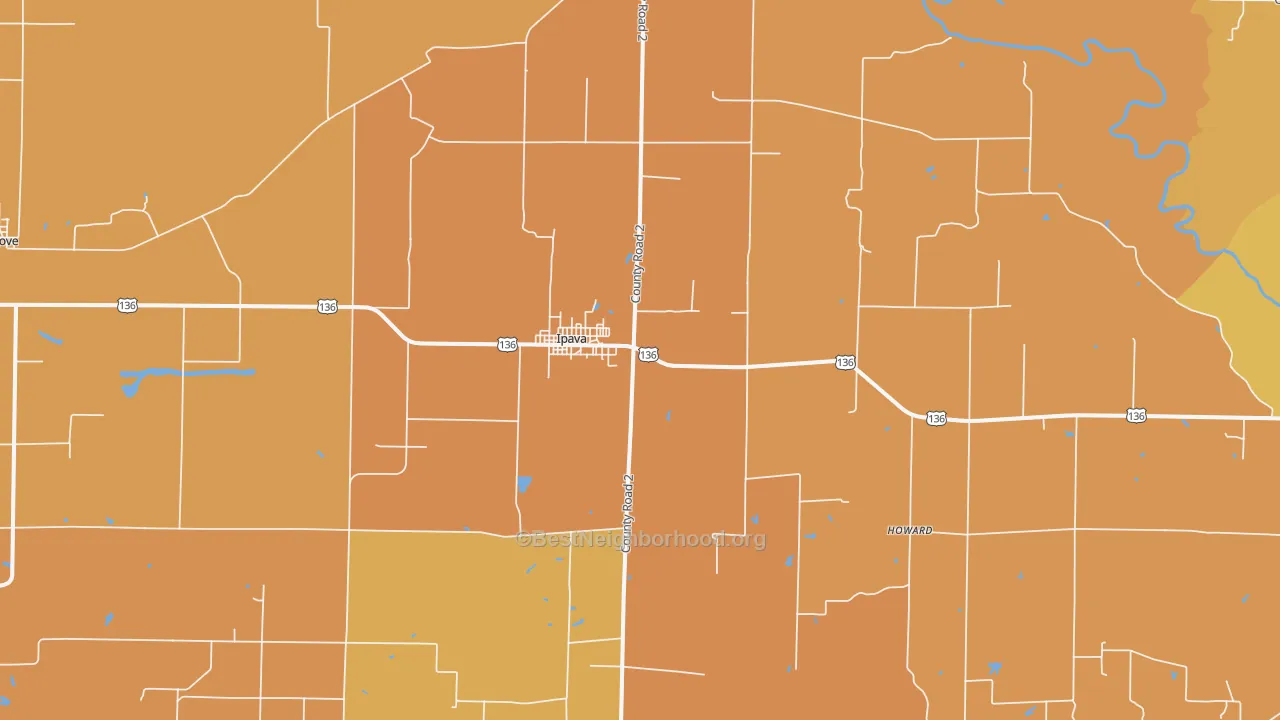 Map of the best neighborhoods in the Ipava area, with better matches in green and worse matches in red