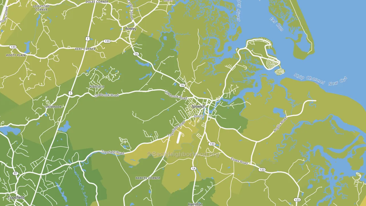 Map of the best neighborhoods in the Ipswich area, with better matches in green and worse matches in red