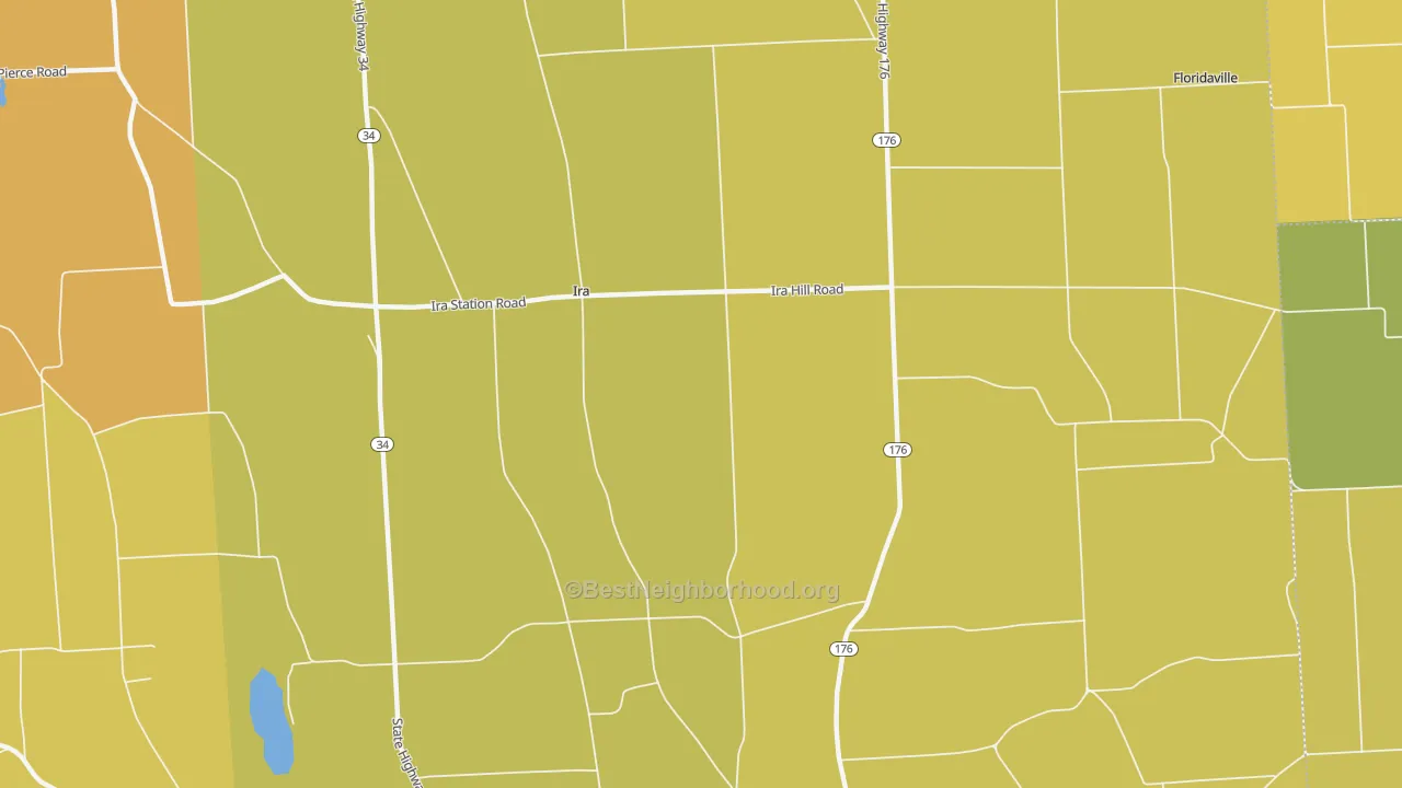 Map of the best neighborhoods in the Ira area, with better matches in green and worse matches in red