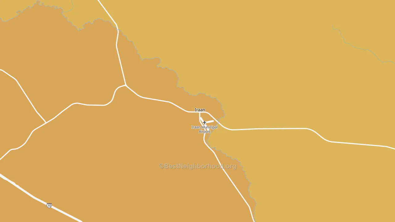 Map of the best neighborhoods in the Iraan area, with better matches in green and worse matches in red