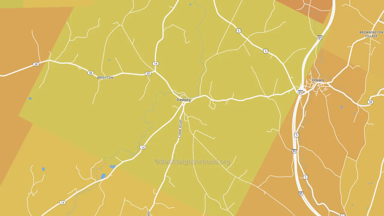 Map of the best neighborhoods in the Irasburg area, with better matches in green and worse matches in red