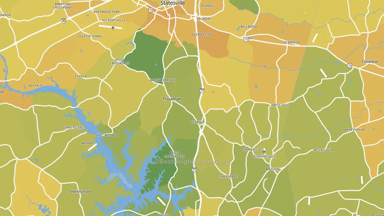Map of the best neighborhoods in the Iredell County area, with better matches in green and worse matches in red