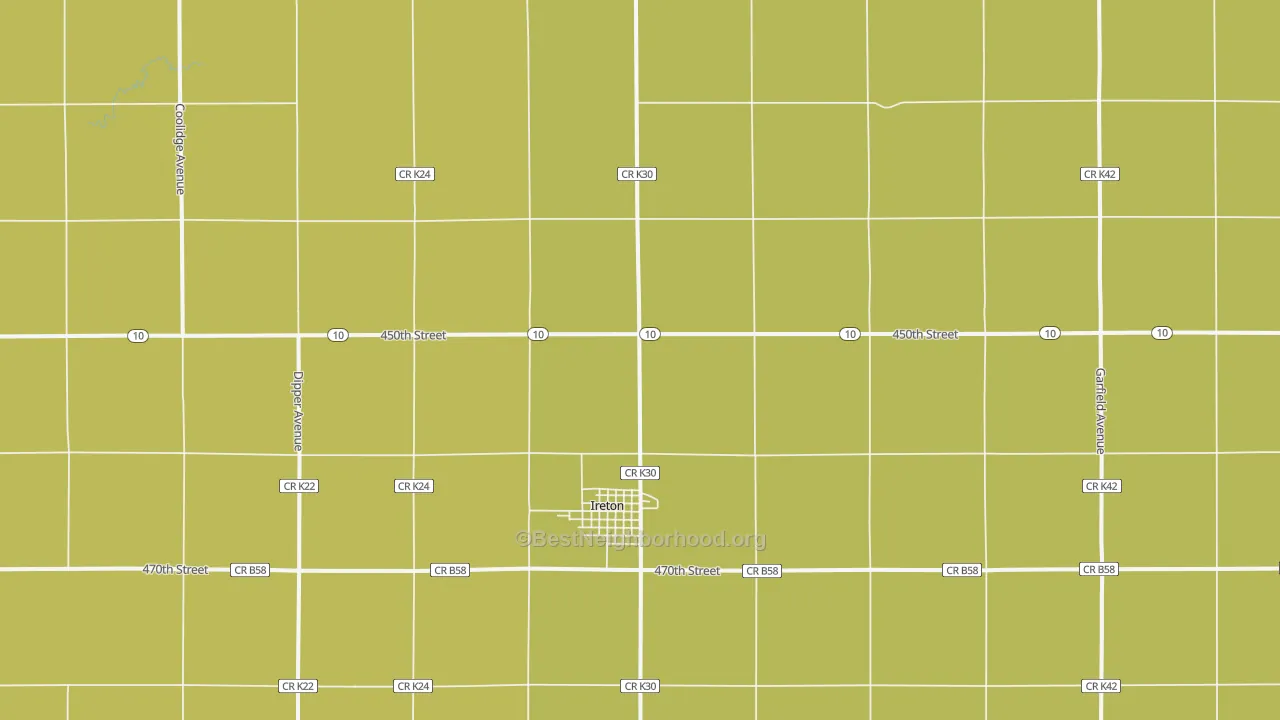 Map of the best neighborhoods in the Ireton area, with better matches in green and worse matches in red
