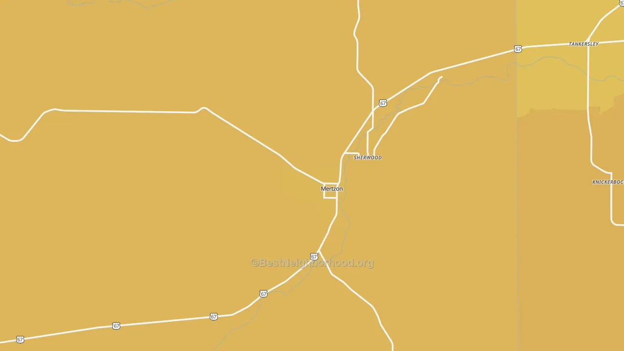 Map of the best neighborhoods in the Irion County area, with better matches in green and worse matches in red