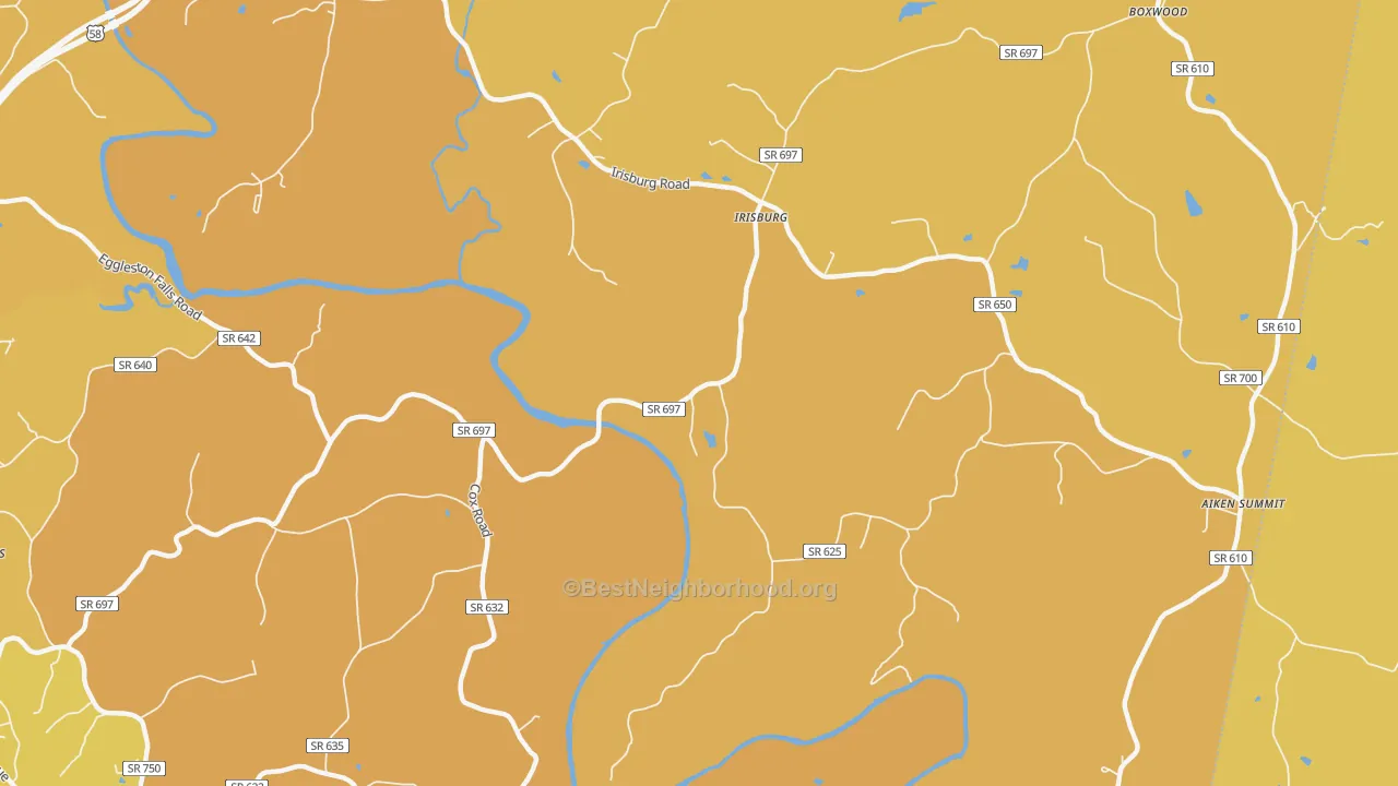 Map of the best neighborhoods in the Irisburg area, with better matches in green and worse matches in red