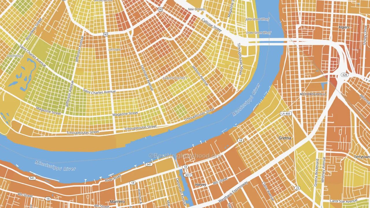 Map of the best neighborhoods in the Irish Channel, New Orleans area, with better matches in green and worse matches in red