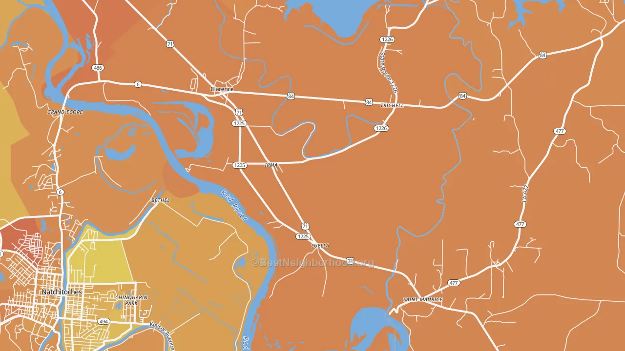 Map of the best neighborhoods in the Irma area, with better matches in green and worse matches in red