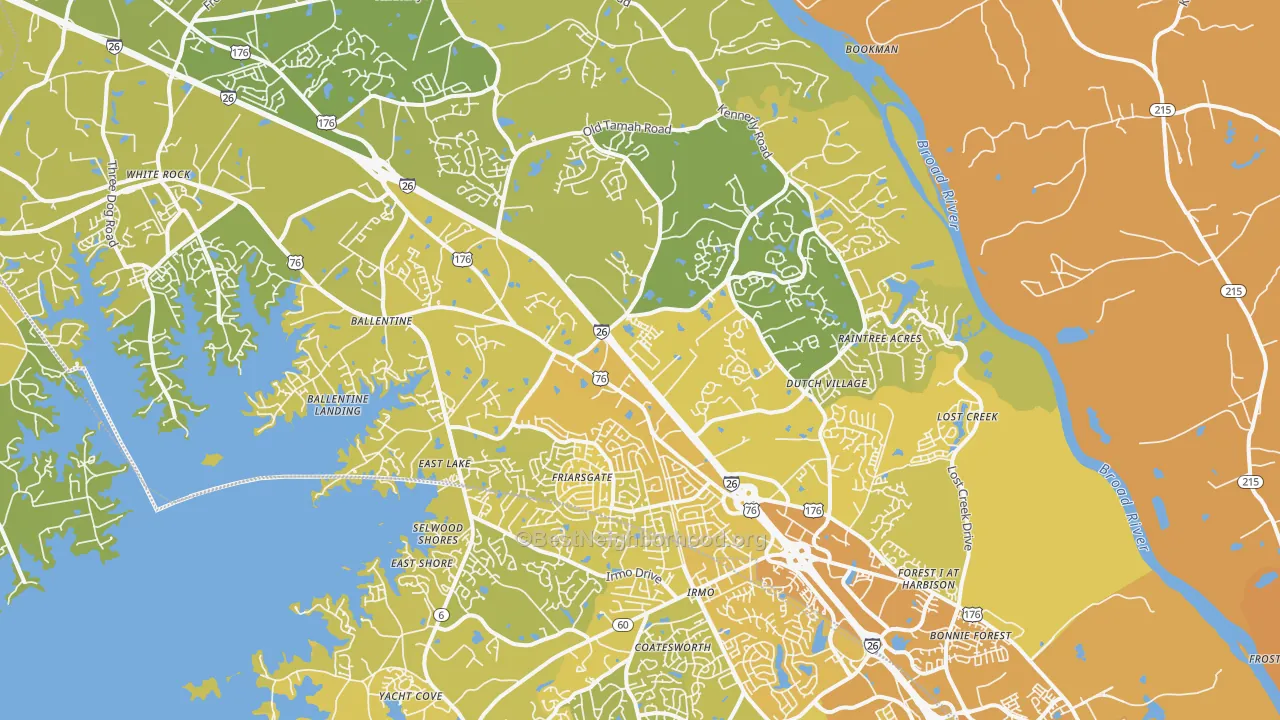 Map of the best neighborhoods in the Irmo area, with better matches in green and worse matches in red