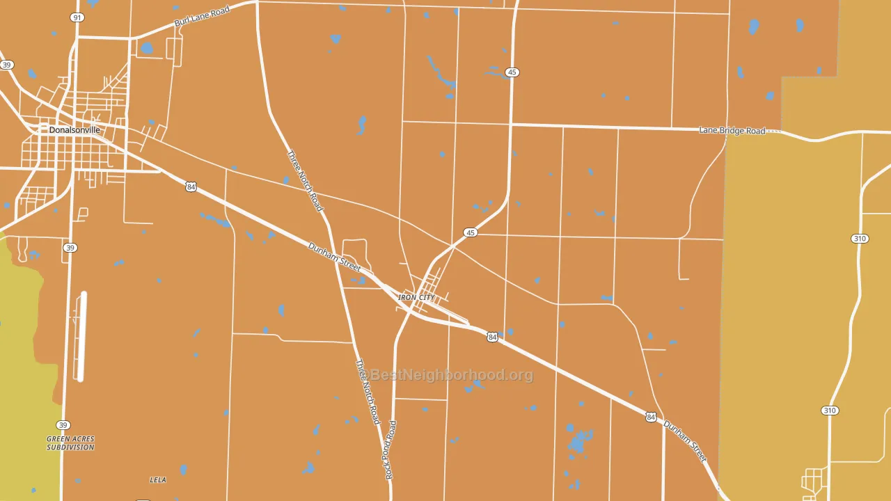 Map of the best neighborhoods in the Iron City area, with better matches in green and worse matches in red
