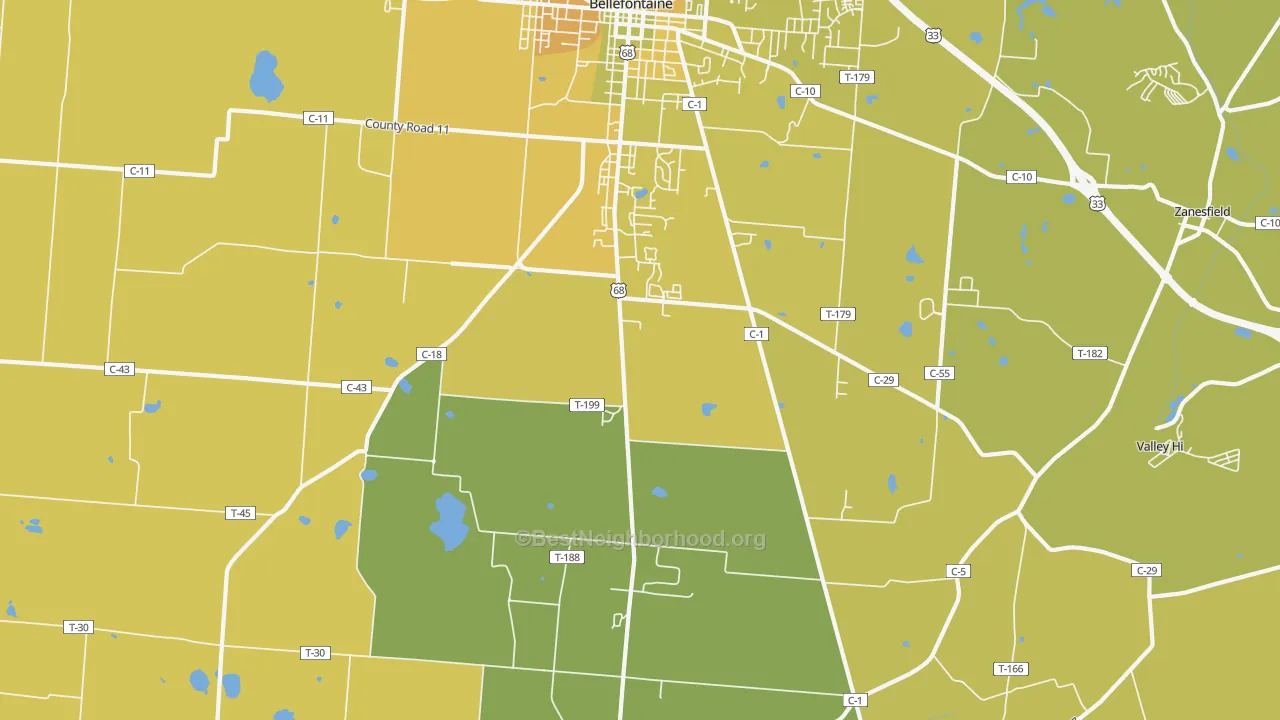 Map of the best neighborhoods in the Iron City area, with better matches in green and worse matches in red