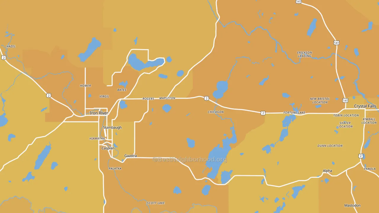 Map of the best neighborhoods in the Iron County area, with better matches in green and worse matches in red