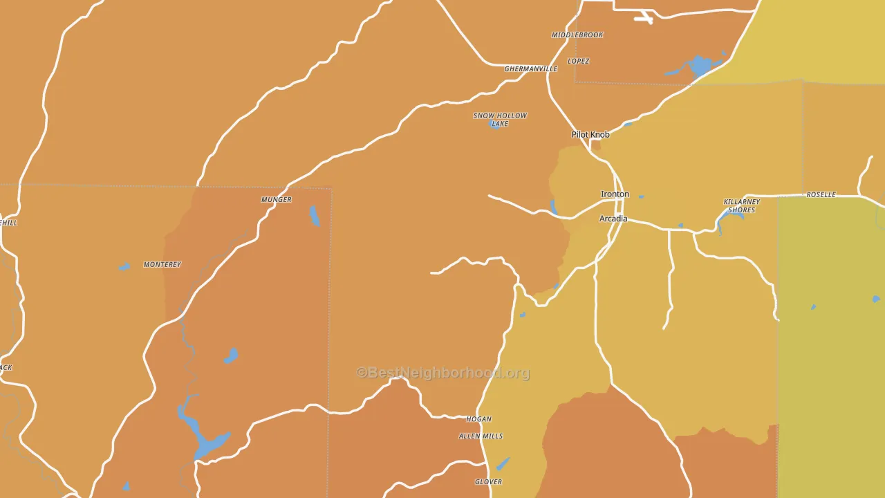 Map of the best neighborhoods in the Iron County area, with better matches in green and worse matches in red