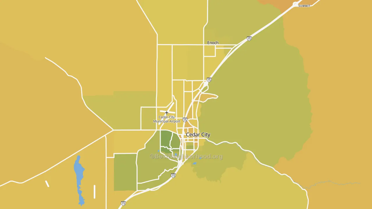 Map of the best neighborhoods in the Iron County area, with better matches in green and worse matches in red